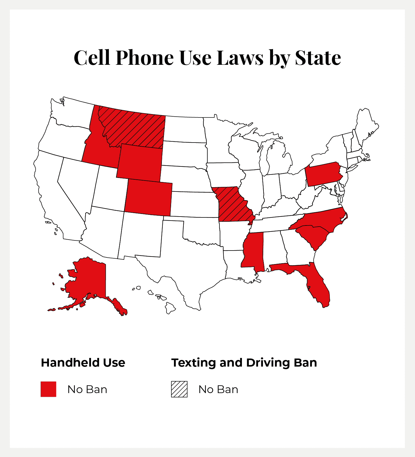 Map showing cell phone use laws by state