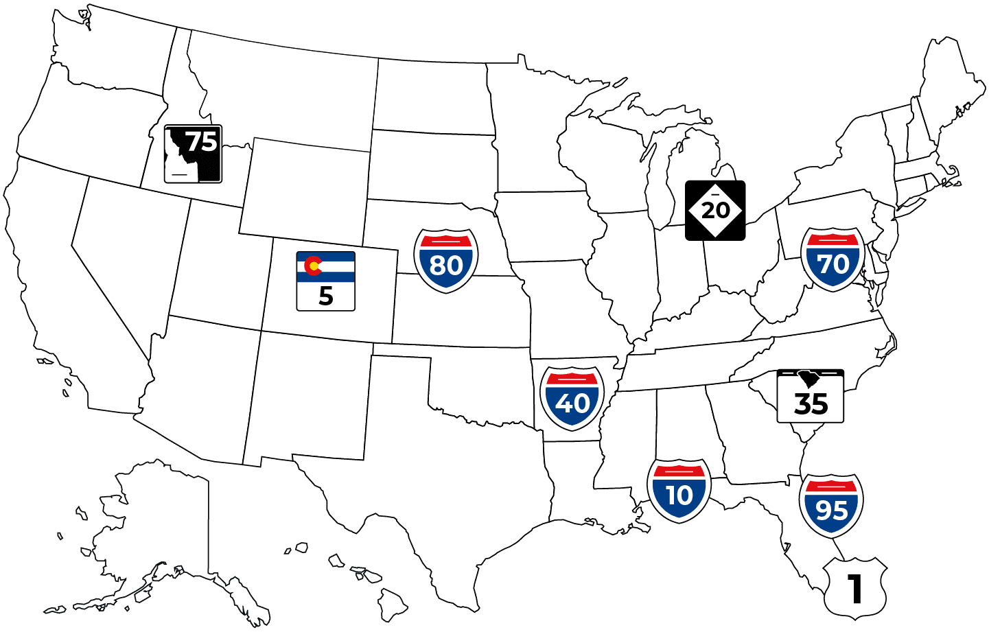 Map of the USA with most dangerous roads for truckers highlighted