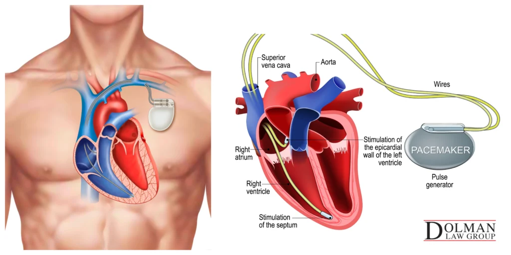 pacemaker diagram inside mans chest with close up of pacemaker with each part labeled