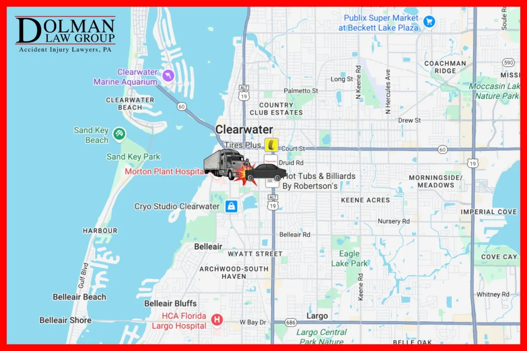 Map of Clearwater head-on crash involving a FedEx Semi Truck at Pinellas Street and S Myrtle Avenue by Dolman Law Group