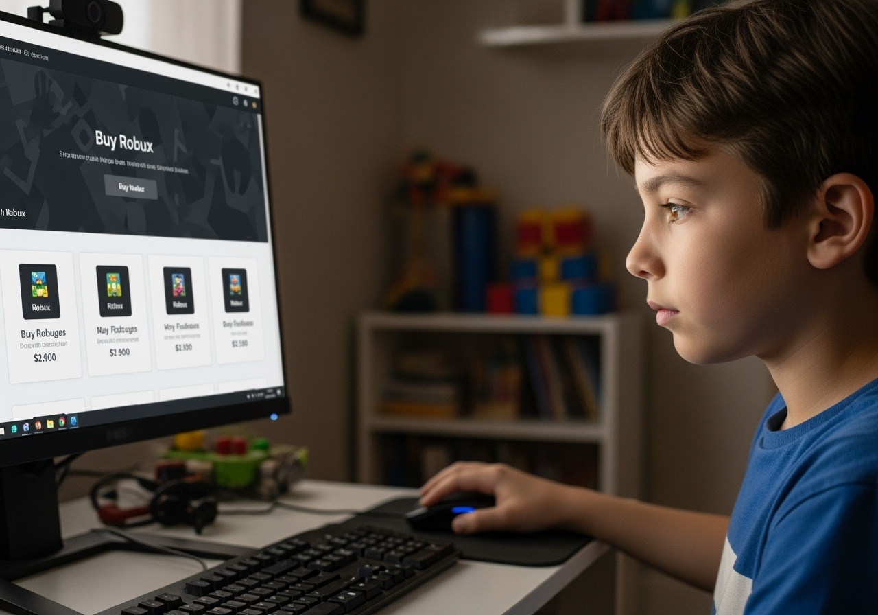 young boy buying Robux so he can continue to play Roblox unsupervised in his room, Represents dangers that led to Roblox Lawsuits