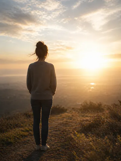 Woman looking at sunset in the horizon