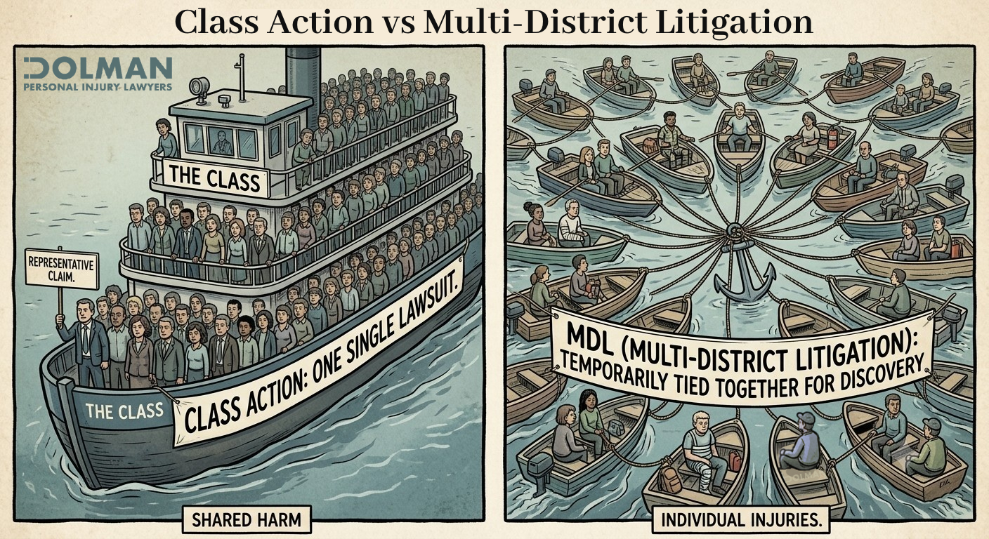 Class action versus multi district litigation comparison using one boat for class action and many boats for MDL, created by Dolman Law Group