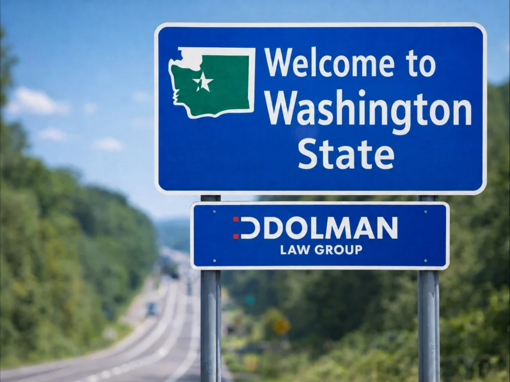 welcome to Washington State sign with Dolman Law Group logo
