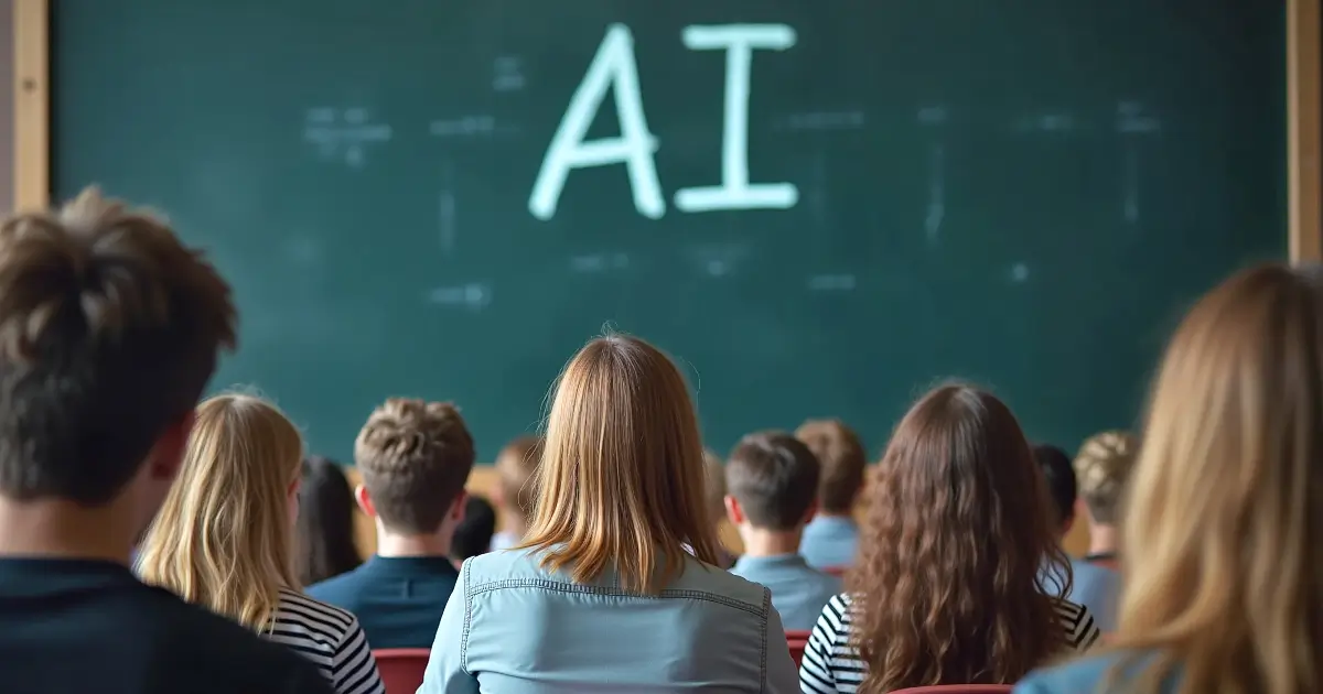 kids in classroom looking at chalkboard "AI"