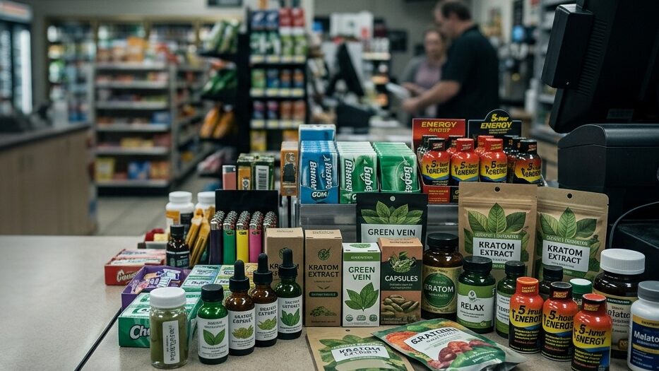Kratom Products for Sale at a Gas Station Counter - Kratom Injuries and Death Lawsuit - Dolman Law Group