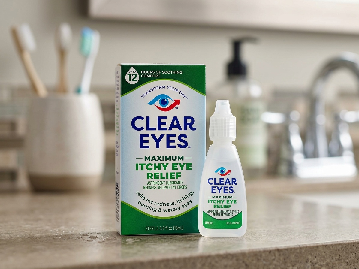 Clear Eyes Maximum Itchy Eye Relief eye drops and packaging, the product involved in the 2026 recall.
