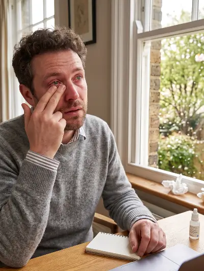 man rubbing eyes after using eye drops