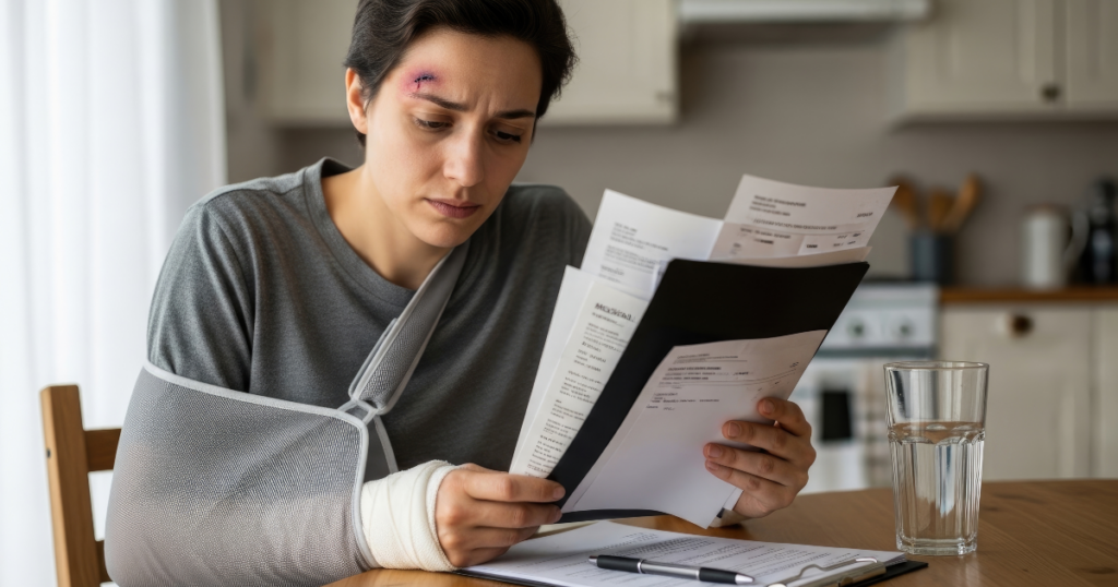 Injured woman reviewing legal papers