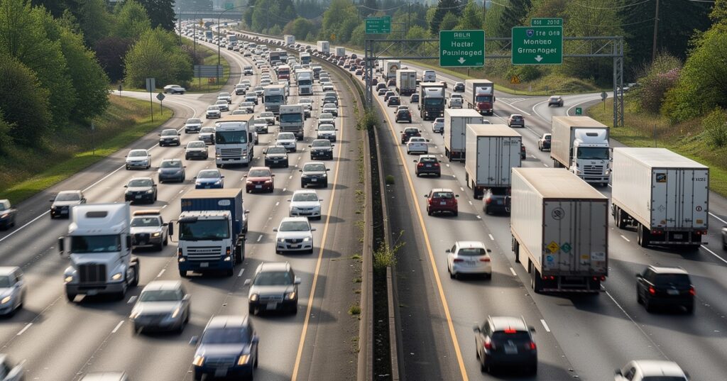 Common Causes of Serious Personal Injury Accidents in Washington, Heavy traffic traveling on a Washington interstate highway.
