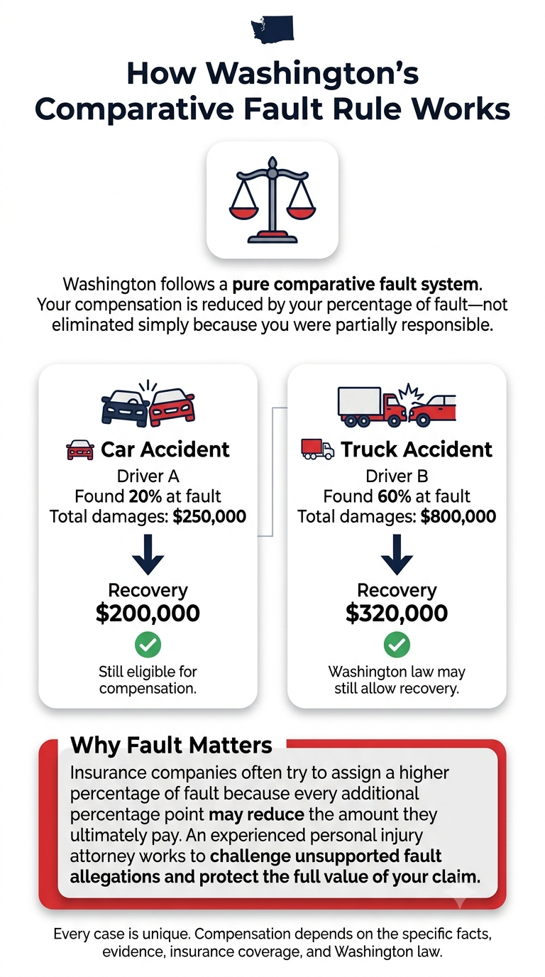 How Washington's Comparative Fault Rule Works in Car Accidents infographic - Dolman Law Group