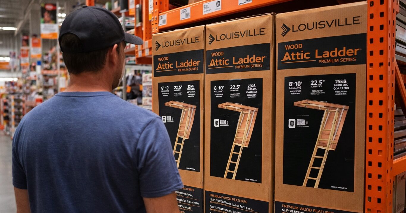 Shopper looking at boxed Louisville attic ladders in a home improvement store, illustrating products relevant to the Louisville Attic Ladder Recall.