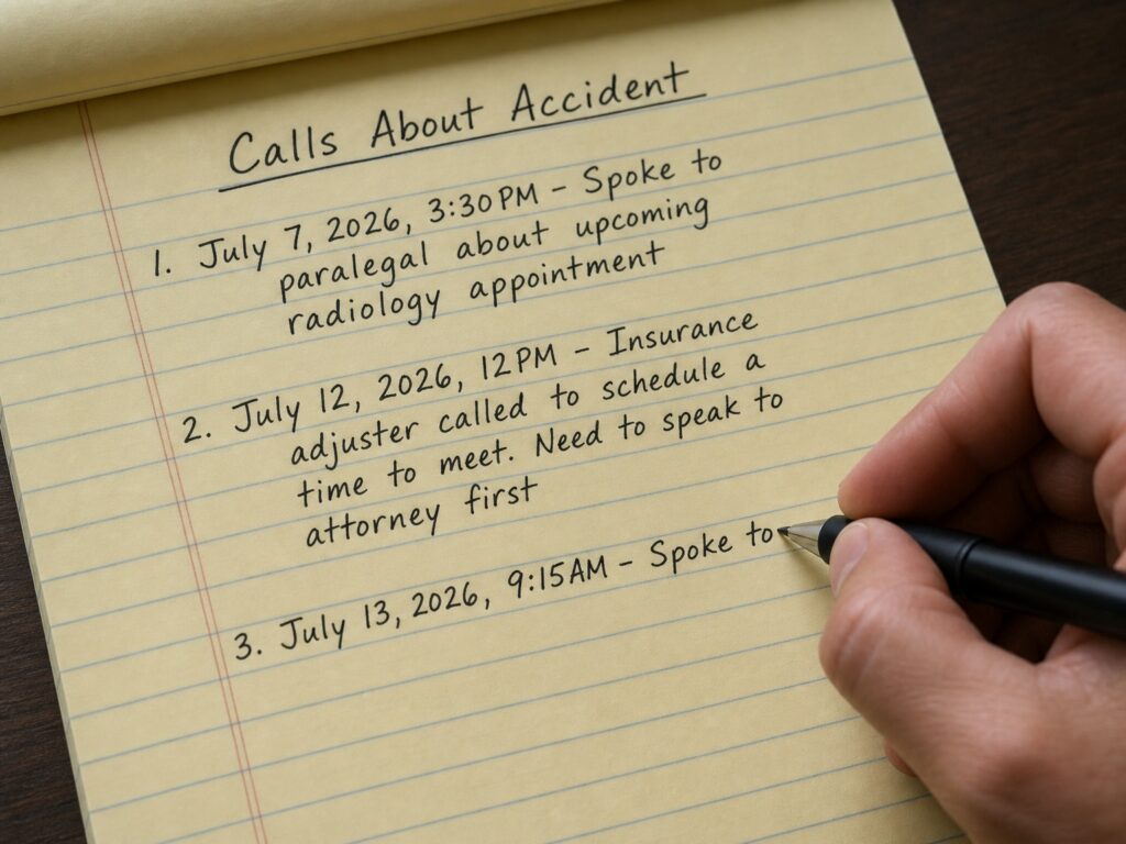 person making a list of phone calls they've had related to their washington car accident - Dolman Law Group