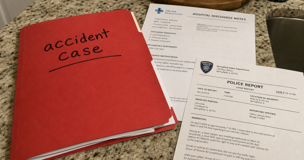 red folder labeled accident case with records of everything collected during personal injury case - Dolman Law Group
