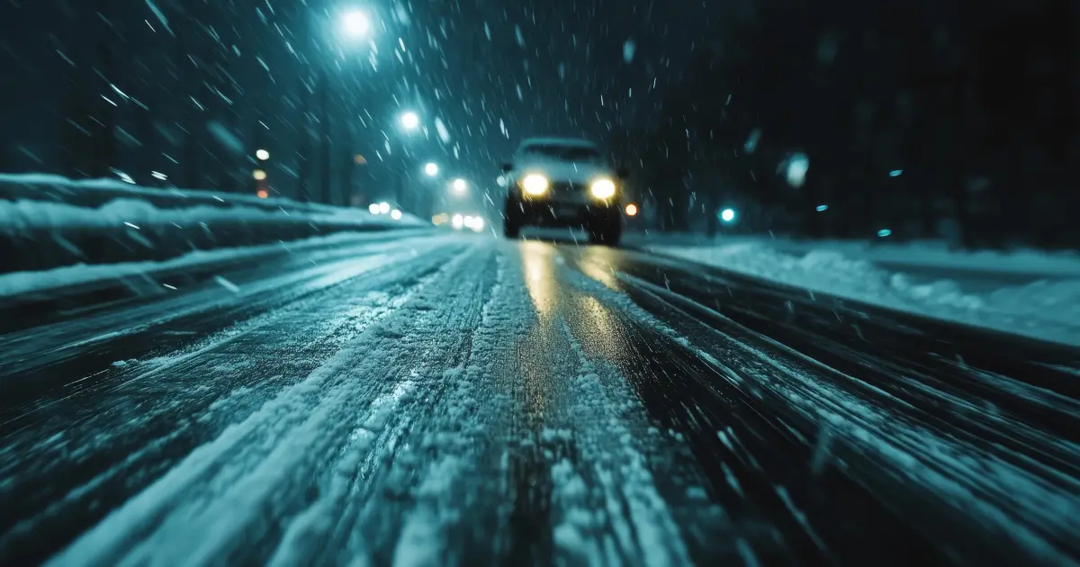 A car on a slippery road during night time with streetlights overhead