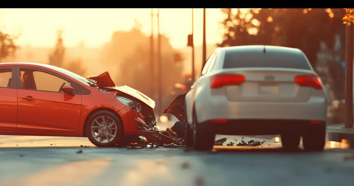 A shot of the road with two cars, one appearing damaged because of a failure-to-yield accident