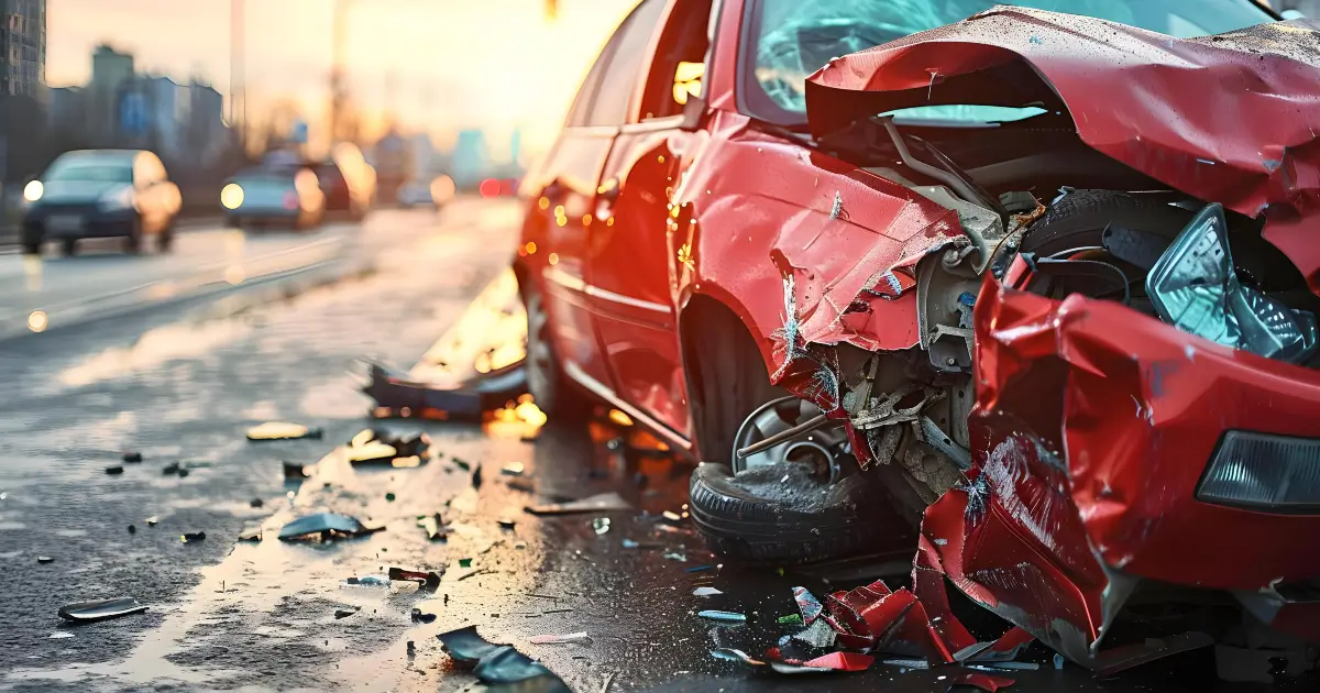 Reckless driving accident with a severely damaged red car and broken debris on a city road.