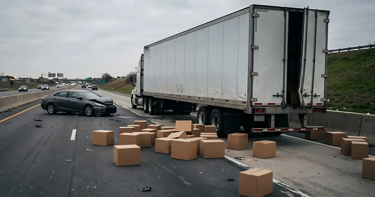 Road debris accident with boxes scattered across a highway beside a semi-truck and damaged car.