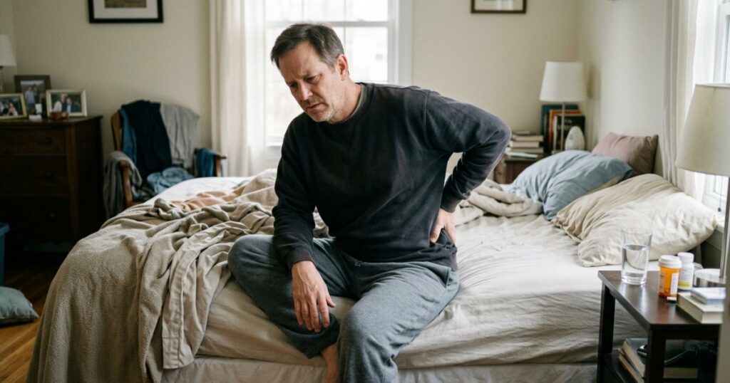 Patient sitting on the edge of a bed holding their lower back while experiencing chronic pain.