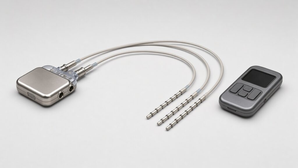 Spinal cord stimulation device showing the implantable pulse generator, electrode leads, and handheld controller.