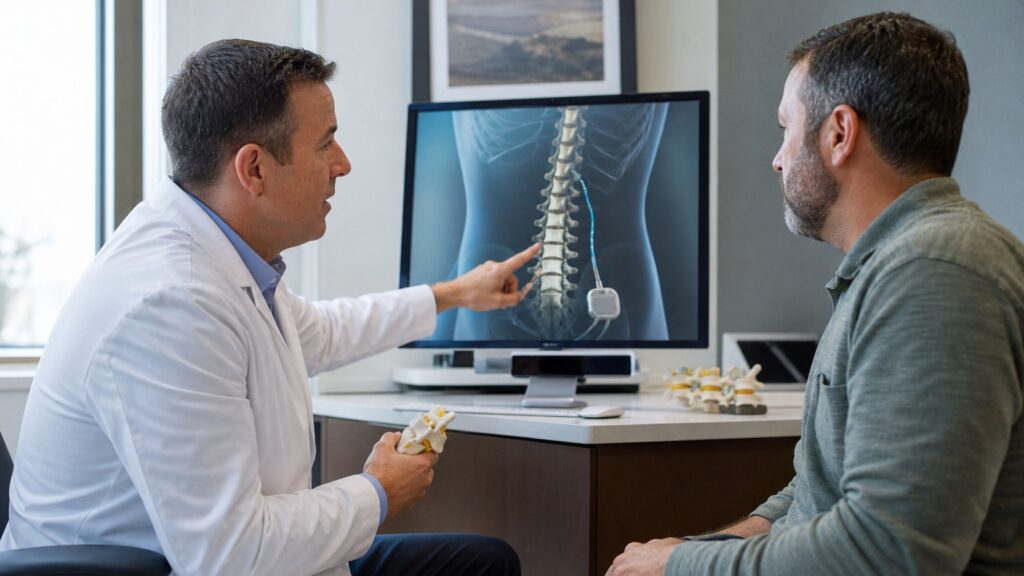 Doctor discussing spinal cord stimulator complications with a patient while reviewing a medical illustration of the spine.
