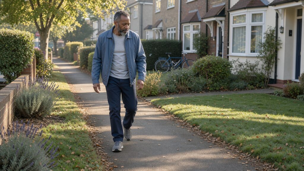 Middle-aged adult walking along a residential path while recovering from a chronic back condition.
